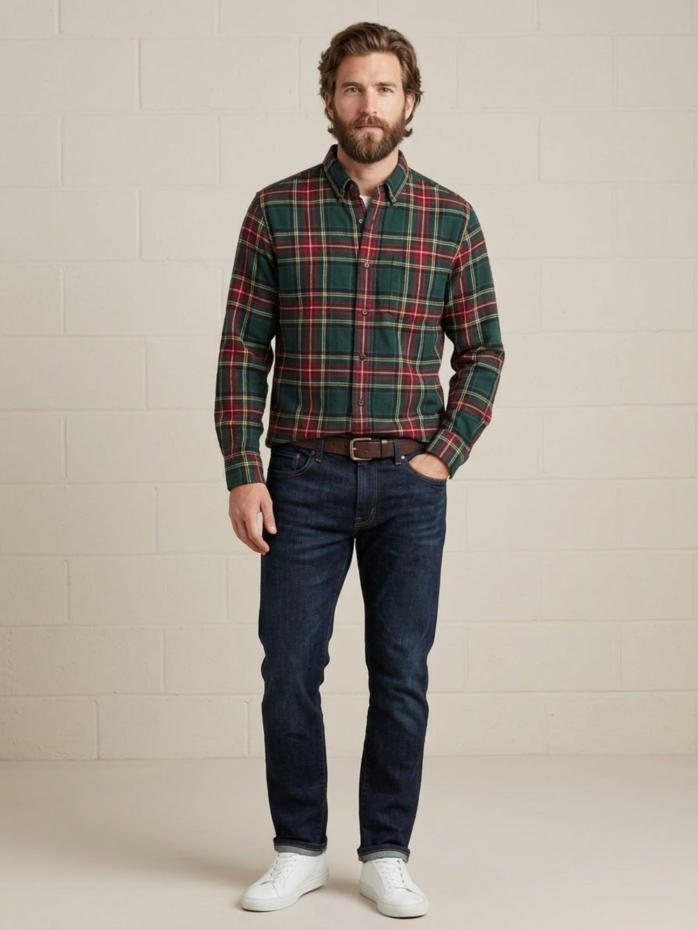 L.L. Bean Mens Large Green Plaid Long Sleeve Button Down Flannel Shirt Cotton